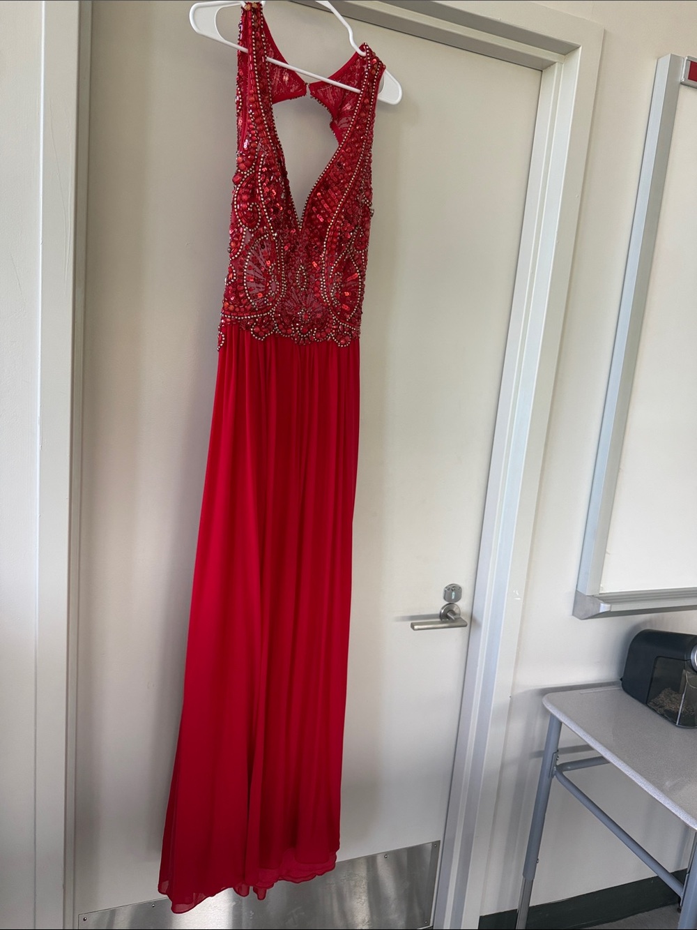 Red Beaded V-Neck Evening Dress
